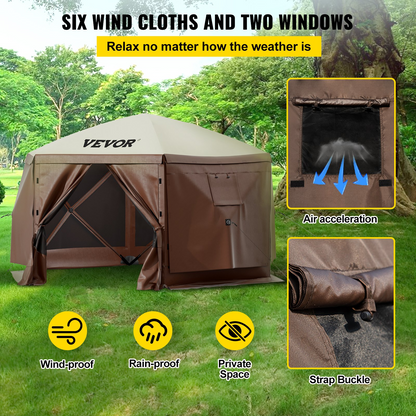 VEVOR Camping Gazebo Tent, 10'x10', 6 Sided Pop-up Canopy Screen Tent for 8 Person Camping, Waterproof Screen Shelter w/Portable Storage Bag, Ground Stakes, Mesh Windows, Brown & Beige