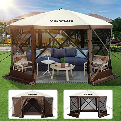 VEVOR Camping Gazebo Tent, 10'x10', 6 Sided Pop-up Canopy Screen Tent for 8 Person Camping, Waterproof Screen Shelter w/Portable Storage Bag, Ground Stakes, Mesh Windows, Brown & Beige