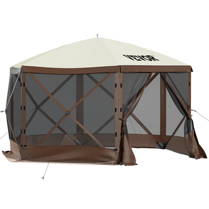 VEVOR Camping Gazebo Tent, 10'x10', 6 Sided Pop-up Canopy Screen Tent for 8 Person Camping, Waterproof Screen Shelter w/Portable Storage Bag, Ground Stakes, Mesh Windows, Brown & Beige