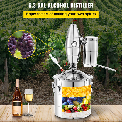 VEVOR 20L 5.3Gal Water Alcohol Distiller 304 Stainless Steel Alcohol Still Wine Making Boiler Home Kit with Thermometer for Whiskey Brandy Essential, Sliver