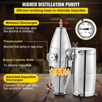 VEVOR 20L 5.3Gal Water Alcohol Distiller 304 Stainless Steel Alcohol Still Wine Making Boiler Home Kit with Thermometer for Whiskey Brandy Essential, Sliver