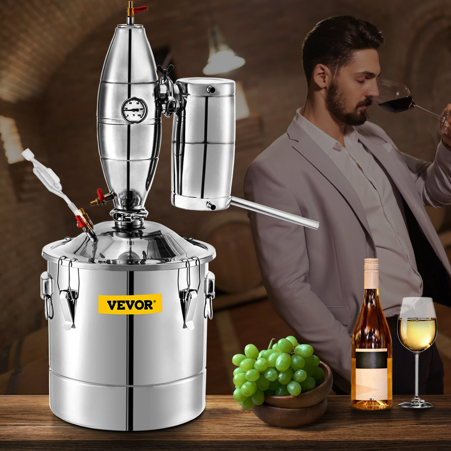 VEVOR 20L 5.3Gal Water Alcohol Distiller 304 Stainless Steel Alcohol Still Wine Making Boiler Home Kit with Thermometer for Whiskey Brandy Essential, Sliver