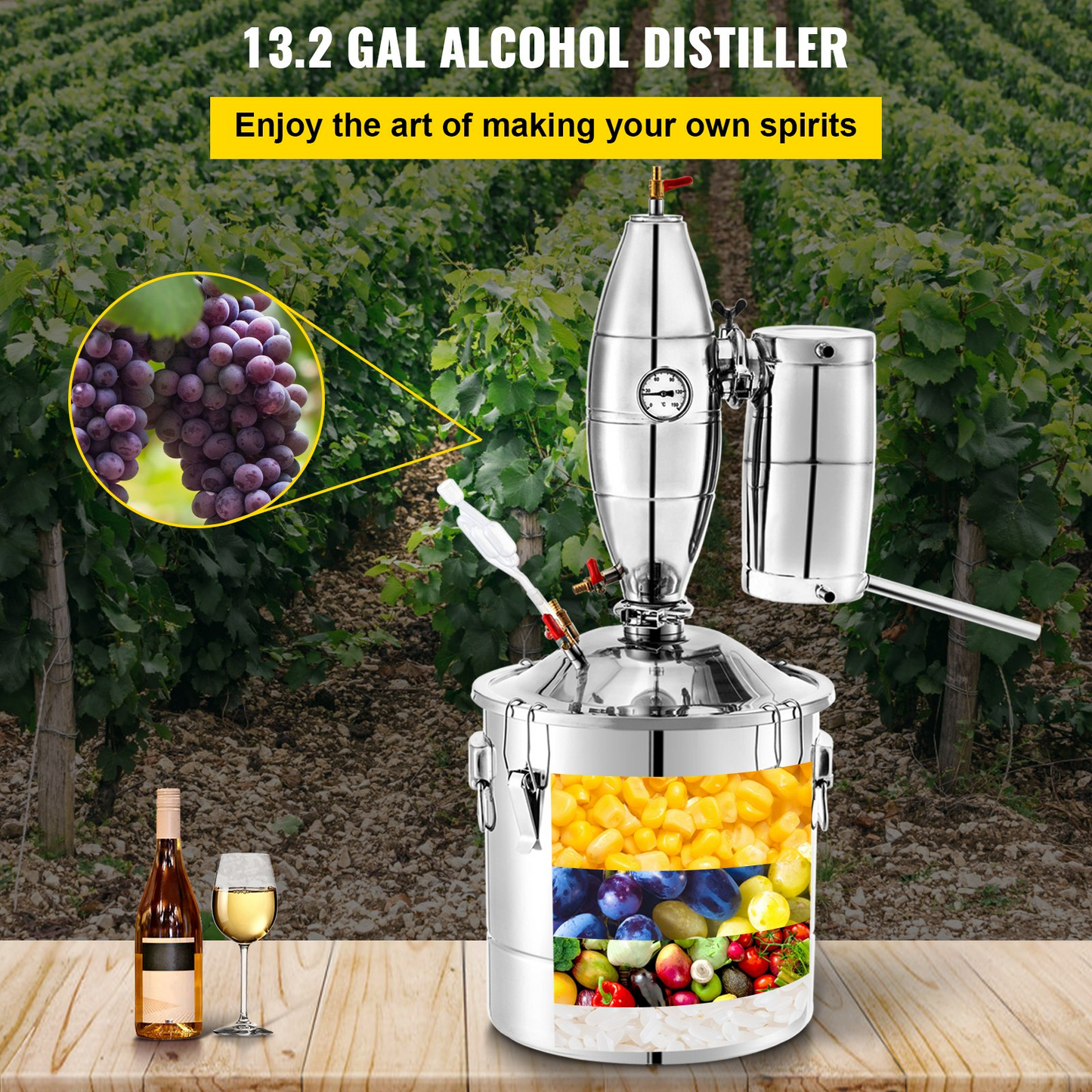 VEVOR 50L 13.2Gal Water Alcohol Distiller 304 Stainless Steel Alcohol Still Wine Making Boiler Home Kit with Thermometer for Whiskey Brandy Essential, Sliver