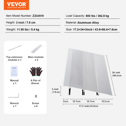 VEVOR Door Threshold Ramp, 3" Rise, 800 lbs Load Capacity, Door Ramp for Wheelchairs, Aluminum Threshold Ramp for Doorways, Adjustable Modular Threshold Ramp for Wheelchairs, Scooters, Power Chairs