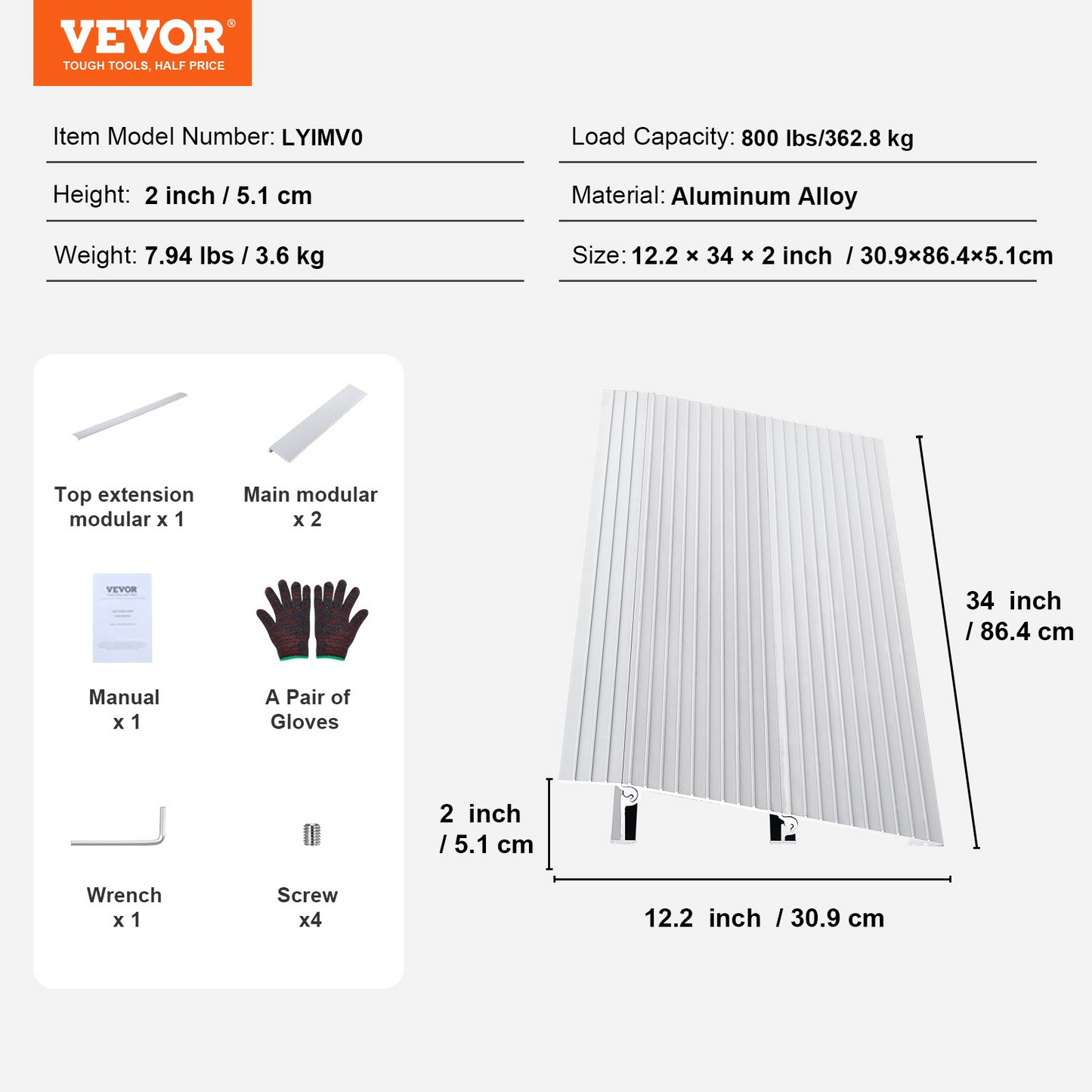 VEVOR Door Threshold Ramp, 2" Rise, 800 lbs Load Capacity, Door Ramp for Wheelchairs, Aluminum Threshold Ramp for Doorways, Adjustable Modular Threshold Ramp for Wheelchairs, Scooters, Power Chairs