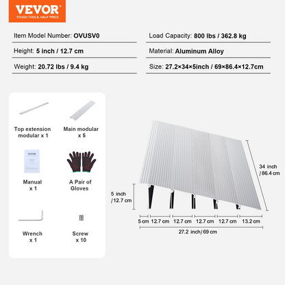 VEVOR Door Threshold Ramp, 5" Rise, 800 lbs Load Capacity, Door Ramp for Wheelchairs, Aluminum Threshold Ramp for Doorways, Adjustable Modular Threshold Ramp for Wheelchairs, Scooters, Power Chairs