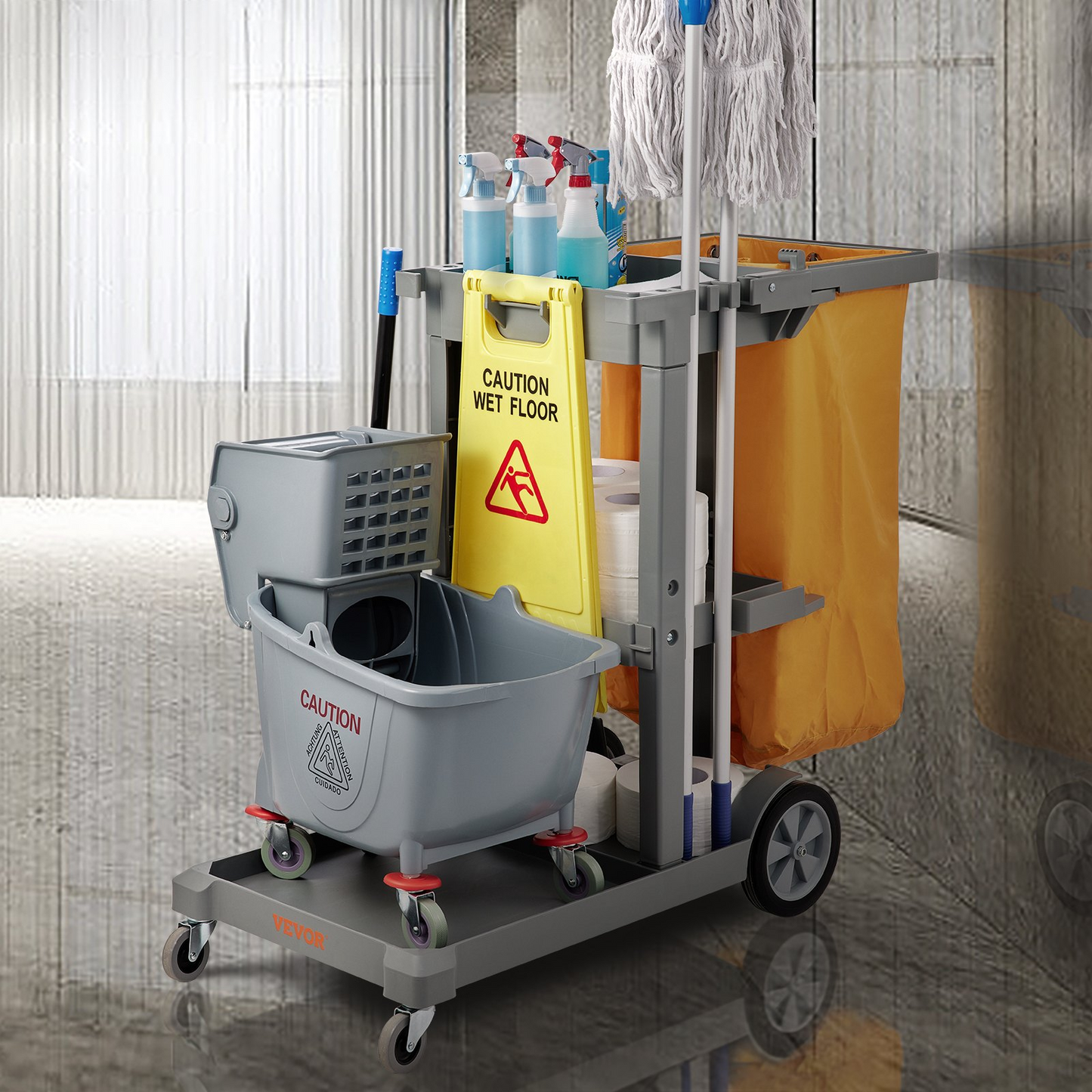 VEVOR Janitorial Trolley Cleaning Cart with PVC Bag for Housekeeping Office