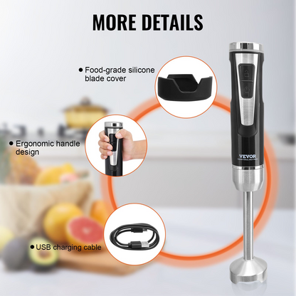 VEVOR Commercial Immersion Blender, 200 Watt 8-Speed Heavy Duty Immersion Blender, Stainless Steel Blade Copper Motor Hand Mixer, USB Charging Cable Multi-purpose Easy Control Grip Stick Mixer, Black