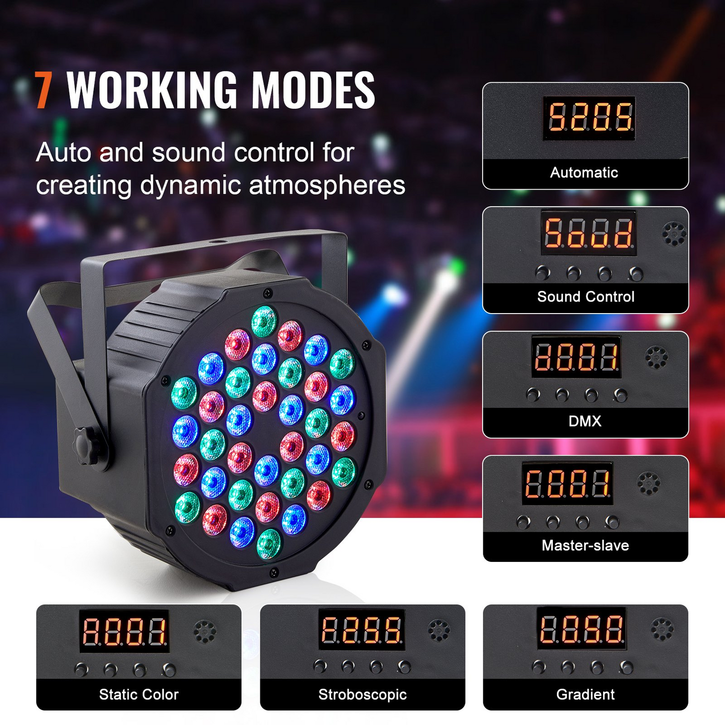 VEVOR 36LED RGB Stage Light PAR Light 7-Mode DMX Beam Disco Light Indoor 4-Pack