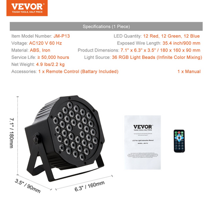 VEVOR 36LED RGB Stage Light PAR Light 7-Mode DMX Beam Disco Light Indoor 4-Pack