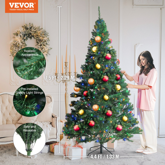 VEVOR 7.5ft Prelit Artificial Christmas Tree, 550 LED Lights, Full Decor