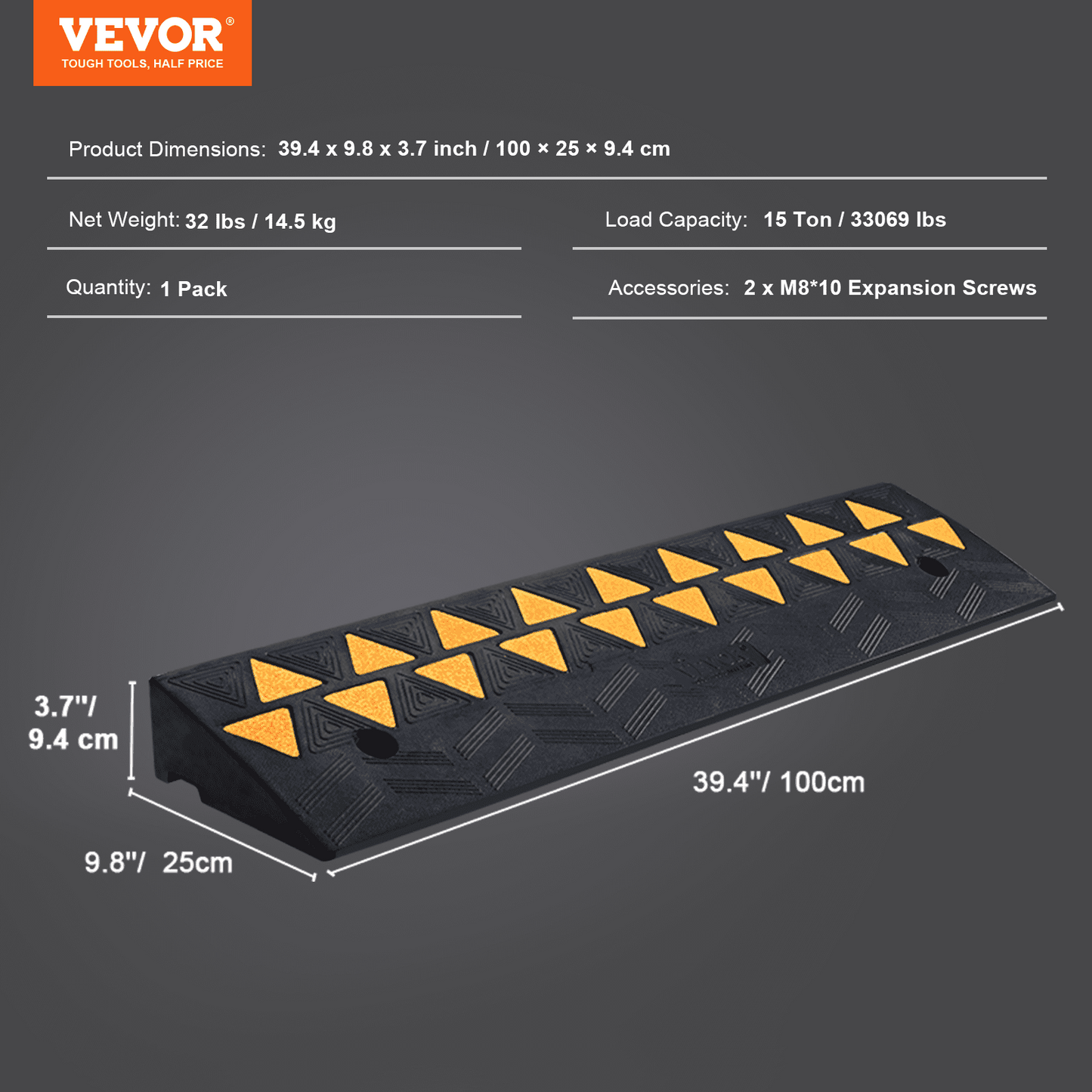 VEVOR Rubber Curb Ramp 3.7" Rise Height Sidewalk Curb Ramp, 10" Width 39.4" Length Driveway Ramp for Curb, 15T Heavy Duty Rubber Ramp for Forklifts, Trucks, Buses, Cars, Wheelchairs, Bikes