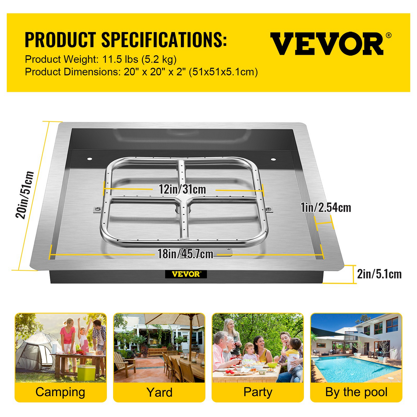 VEVOR Drop in Fire Pit Pan, 18" x 18" Square Fire Pit Burner