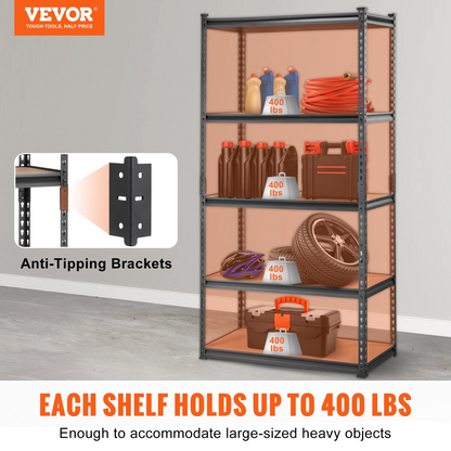 VEVOR Storage Shelving Unit, 5-Tier Adjustable, 2000 lbs Capacity, Heavy Duty Garage Shelves Metal Organizer Utility Rack, Black, 36" L x 18" W x 72" H for Kitchen Pantry Basement Bathroom Laundry