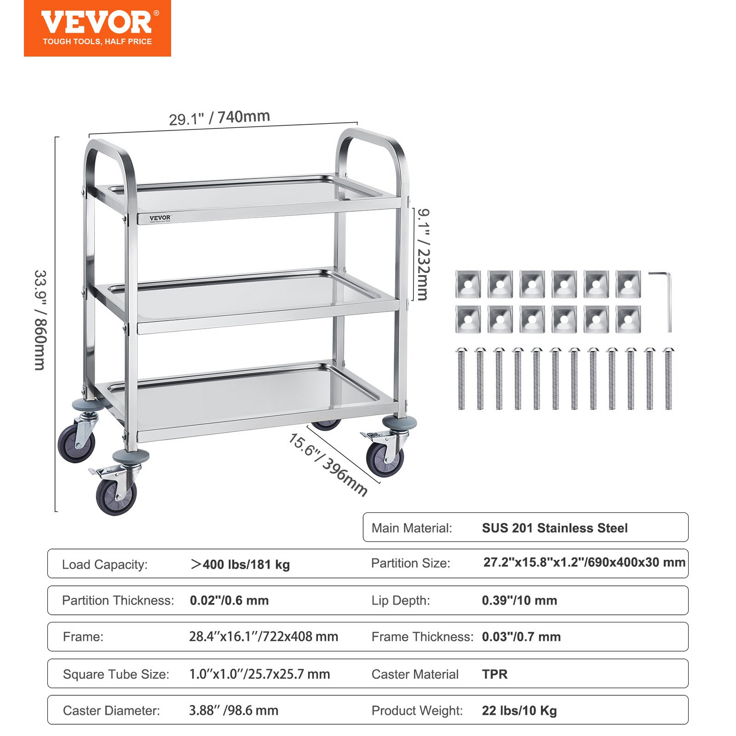 VEVOR Stainless Steel Utility Cart 3-Layer 400lb Lockable Wheels