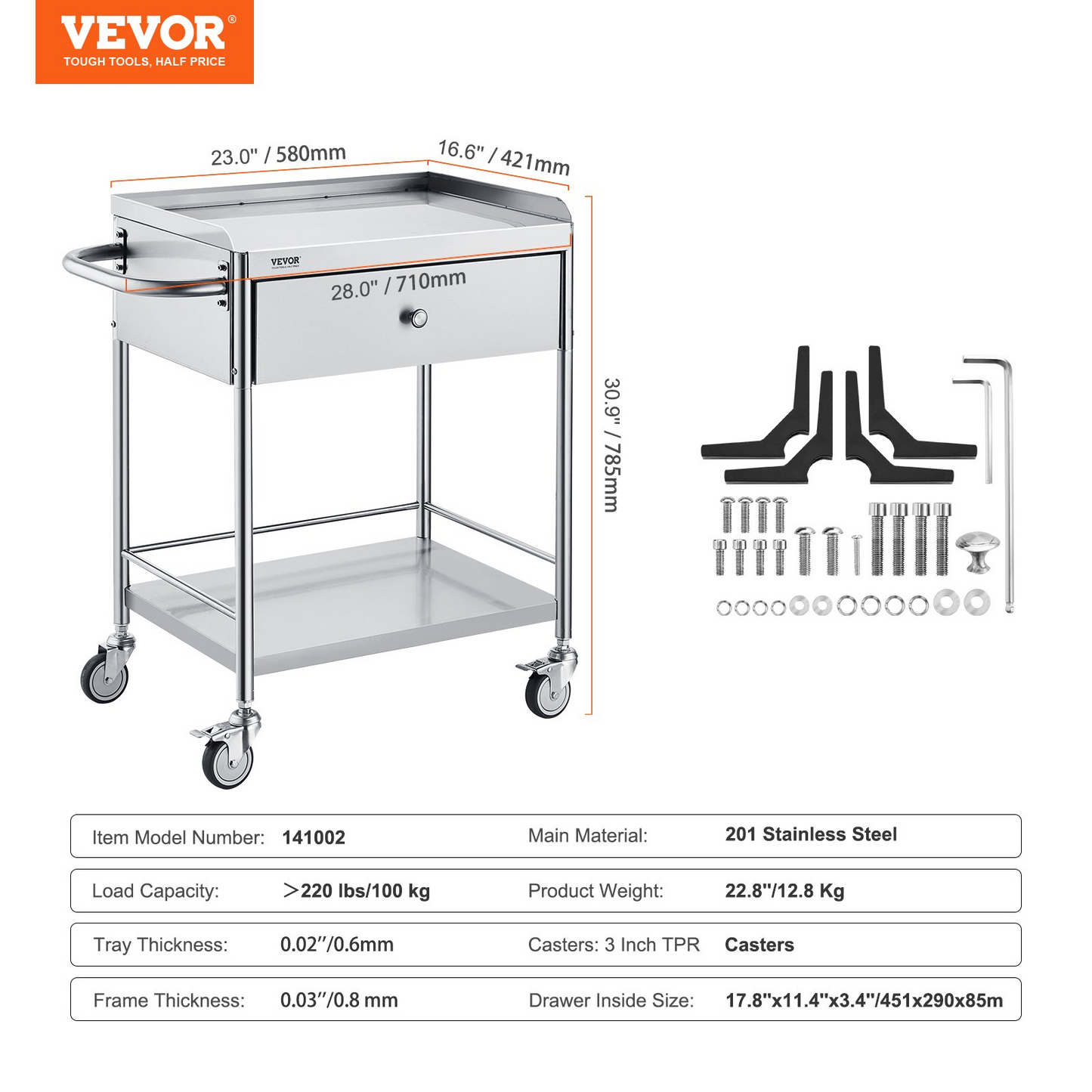 VEVOR Medical Cart, 2-Layer Stainless Steel Cart 220 lbs Weight Capacity, Lab Utility Cart with 360° Silent Wheels and a Drawer for Lab, Clinic, Kitchen, Salon