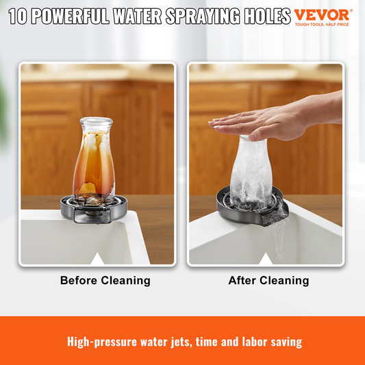 VEVOR Glass Rinser with 10 Jets – 360° Rotating Cup Washer for Sink, 304 Stainless Steel Faucet, ABS Cup Holder for Baby Bottles & Glasses