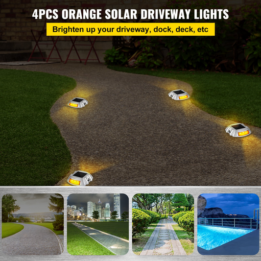 Vevor Driveway Lights, 4-Pack Solar Driveway Lights with Switch Button, Solar Deck Lights Waterproof, Wireless Dock Lights 6 LEDs for Path Warning Garden Walkway Sidewalk Steps, LED Bright Orange