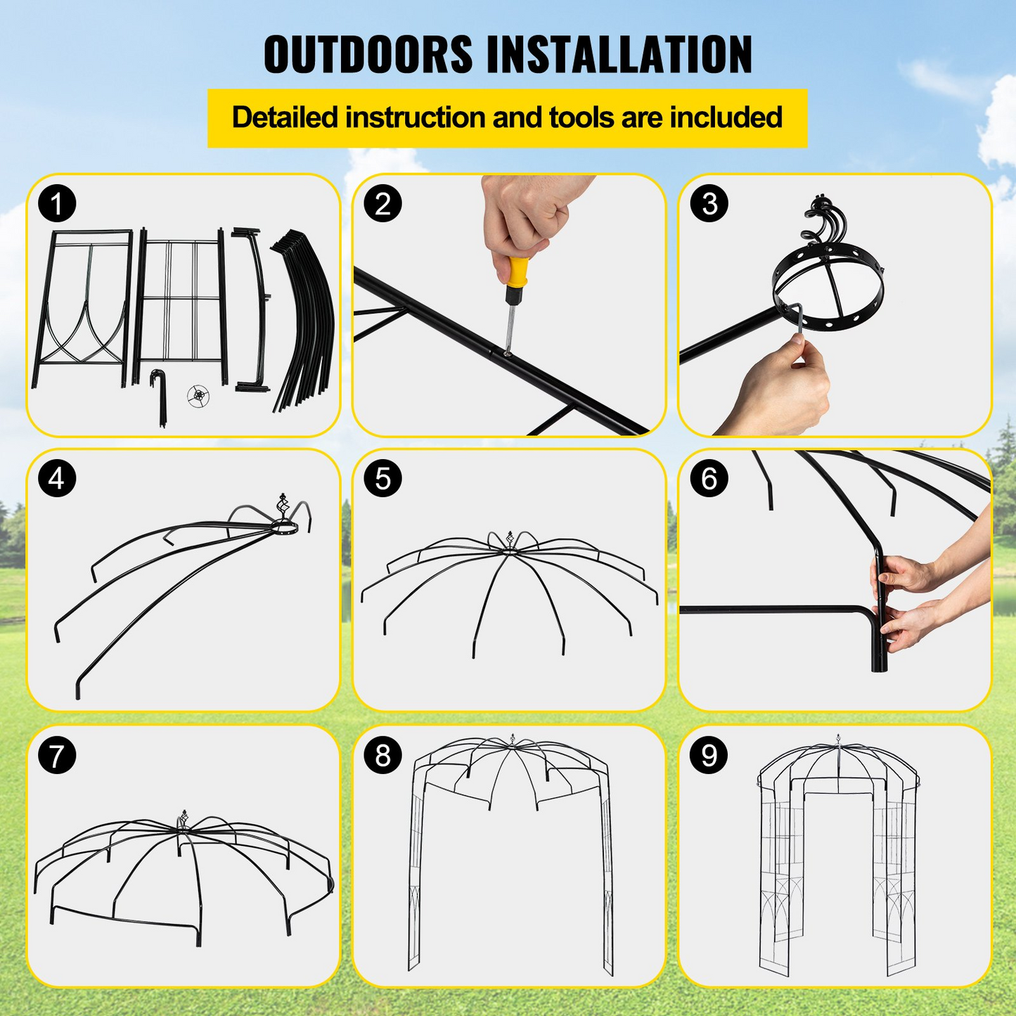 VEVOR Birdcage Shape Garden Arbor, 9' High x 6.6' Wide, Heavy Duty Wrought Iron Arbor, Wedding Arch Trellis for Climbing Vines in Outdoor Garden, Lawn, Backyard, Patio, Black