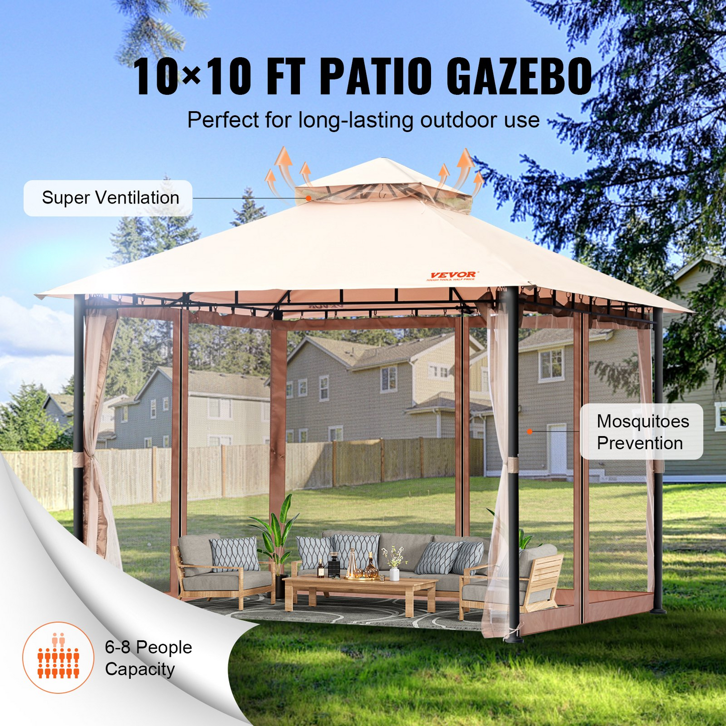 VEVOR Patio Gazebo for 6-8 Person, 10 x 10 FT Backyard Gazebo, with Mosquito Netting, Metal Frame, and PU Coated 180G Polyester, Outdoor Canopy Shelter for Patio, Backyard, Lawn, Garden, Deck