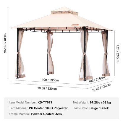 VEVOR Patio Gazebo for 6-8 Person, 10 x 10 FT Backyard Gazebo, with Mosquito Netting, Metal Frame, and PU Coated 180G Polyester, Outdoor Canopy Shelter for Patio, Backyard, Lawn, Garden, Deck