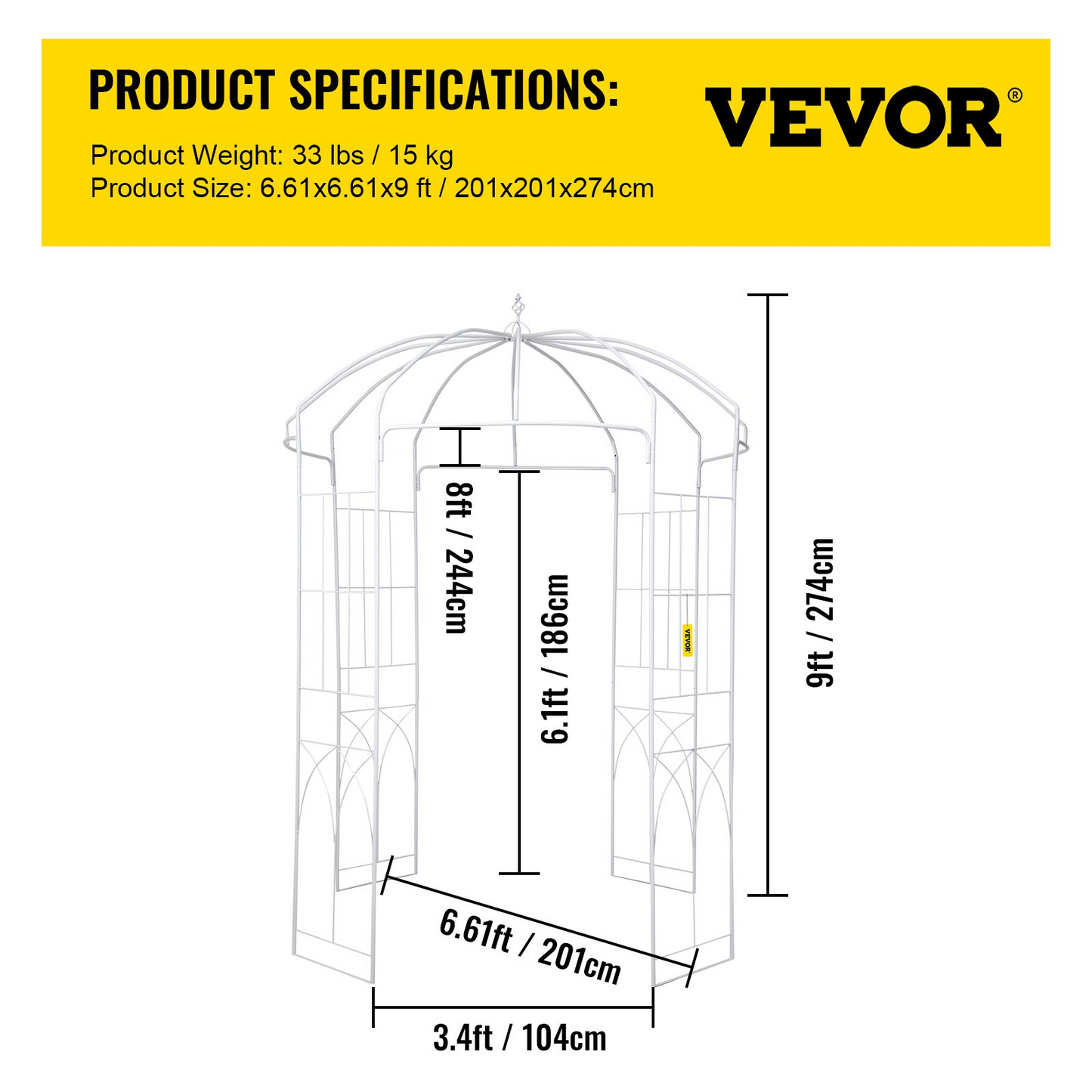 VEVOR Birdcage Shape Garden Arbor, 9' High x 6.6' Wide, Heavy Duty Wrought Iron Arbor, Wedding Arch Trellis for Climbing Vines in Outdoor Garden, Lawn, Backyard, Patio, White