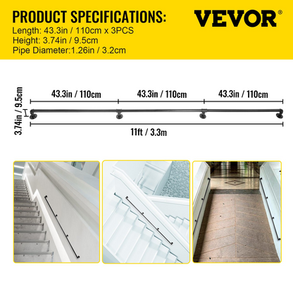 VEVOR 11FT Industrial Pipe Stair Handrail, 440LBS Carbon Steel, Indoor/Outdoor