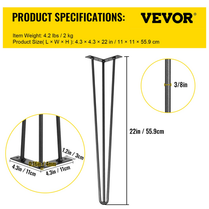 VEVOR 22" Black Hairpin Table Legs, Set of 4, 880lbs Capacity, Heavy Duty