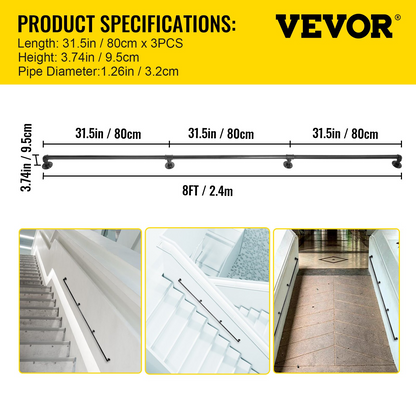 VEVOR 8FT Industrial Stair Handrail - 440LBS Capacity