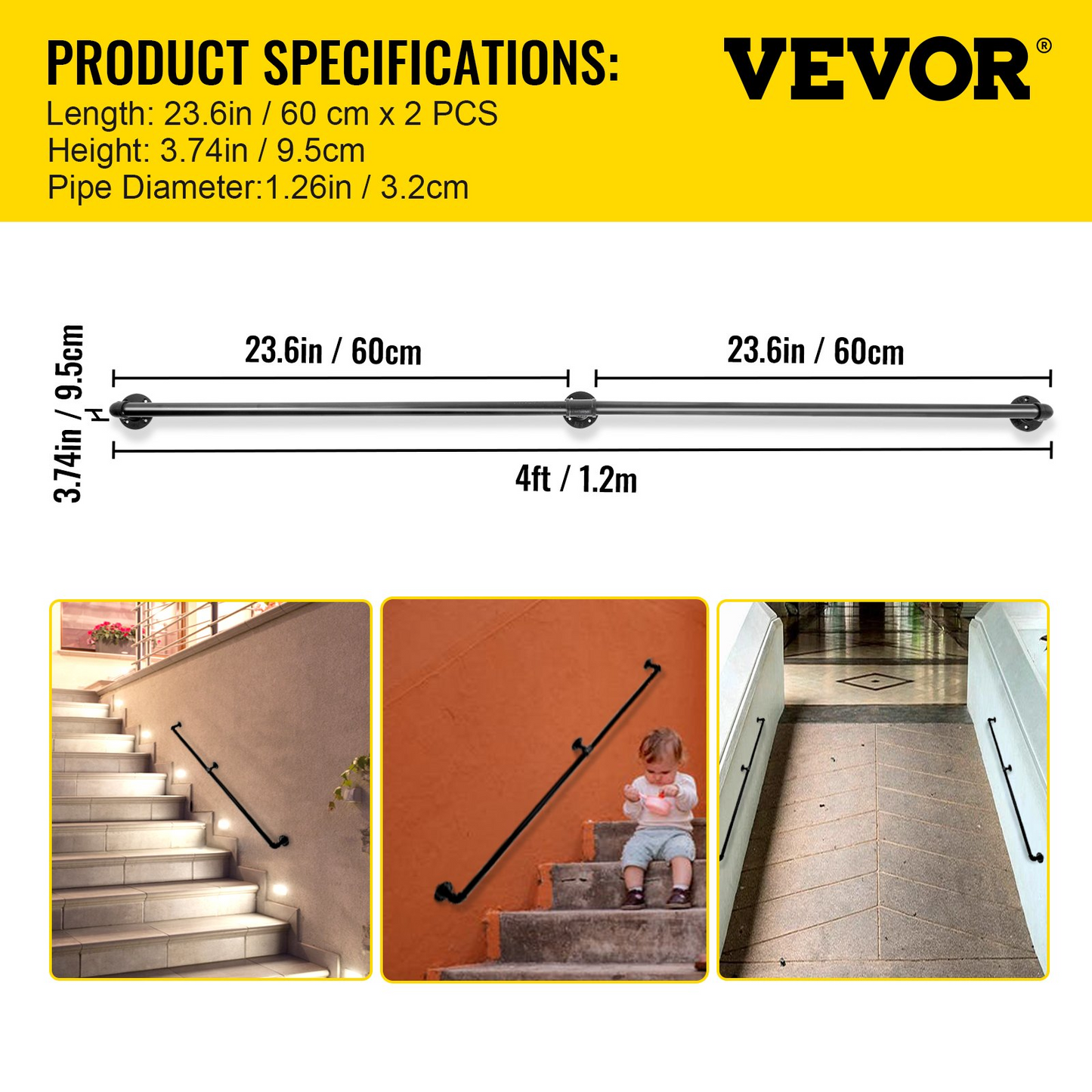 VEVOR Pipe Stair Handrail, 4FT Staircase Handrail, 440LBS Load Capacity Carbon Steel Pipe Handrail, Industrial Pipe Handrail with Wall Mount Support, Round Corner Wall Handrailings for Indoor, Outdoor