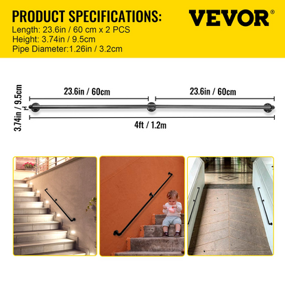 VEVOR Pipe Stair Handrail, 4FT Staircase Handrail, 440LBS Load Capacity Carbon Steel Pipe Handrail, Industrial Pipe Handrail with Wall Mount Support, Round Corner Wall Handrailings for Indoor, Outdoor