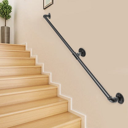 VEVOR Pipe Stair Handrail, 4FT Staircase Handrail, 440LBS Load Capacity Carbon Steel Pipe Handrail, Industrial Pipe Handrail with Wall Mount Support, Round Corner Wall Handrailings for Indoor, Outdoor