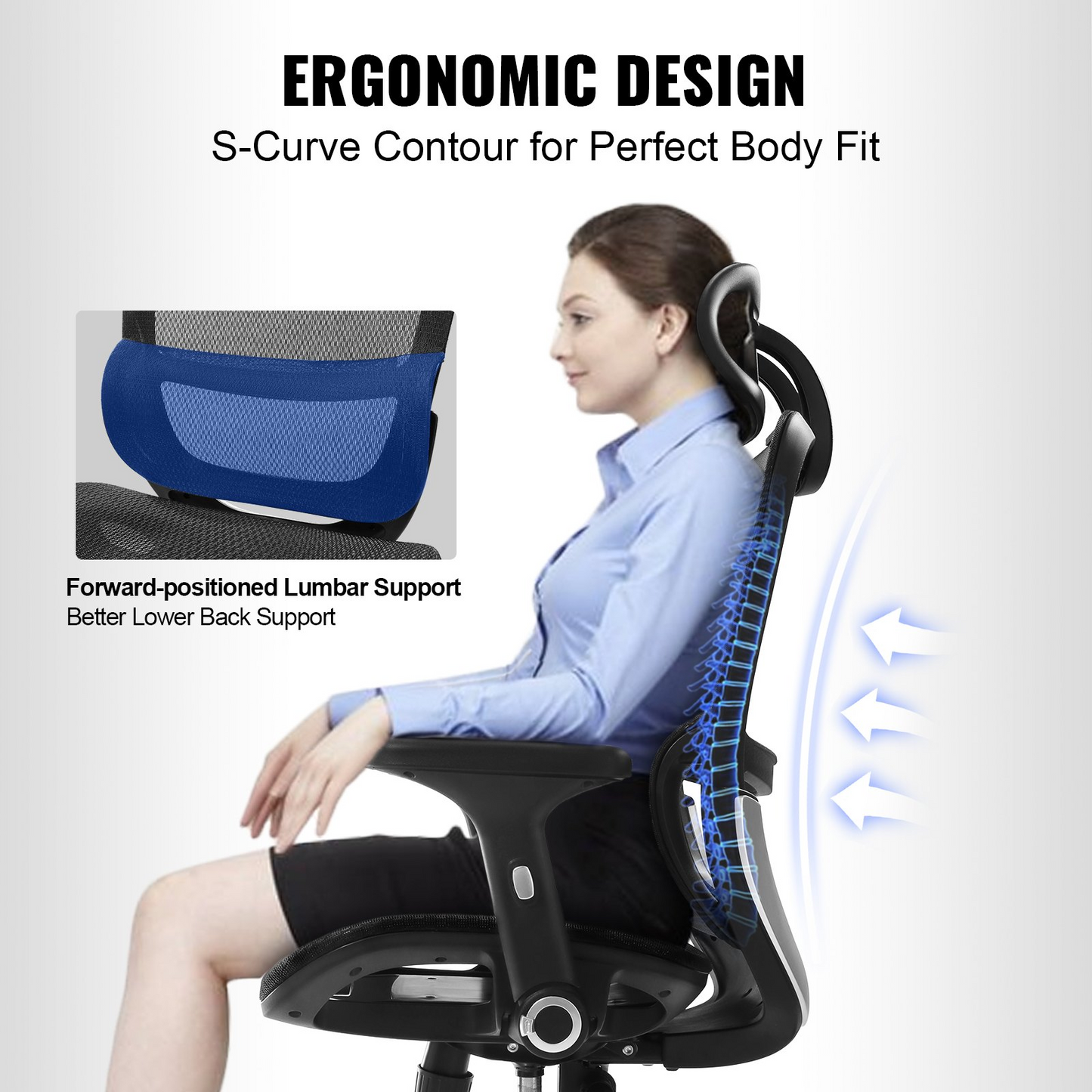 VEVOR Ergonomic Office Chair, Adjustable Height, Mesh Seat, Lumbar Support