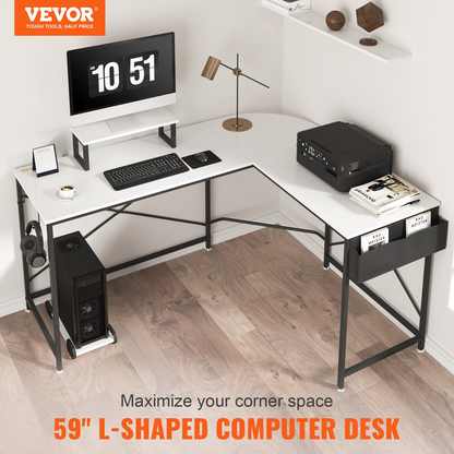 VEVOR 59" L Shaped Desk with Storage, Riser, Stand - White