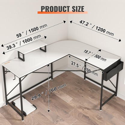 VEVOR 59" L Shaped Desk with Storage, Riser, Stand - White