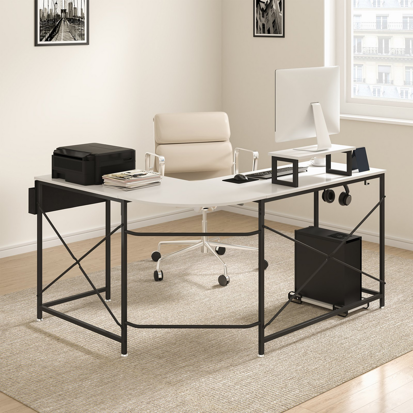 VEVOR 59" L Shaped Desk with Storage, Riser, Stand - White