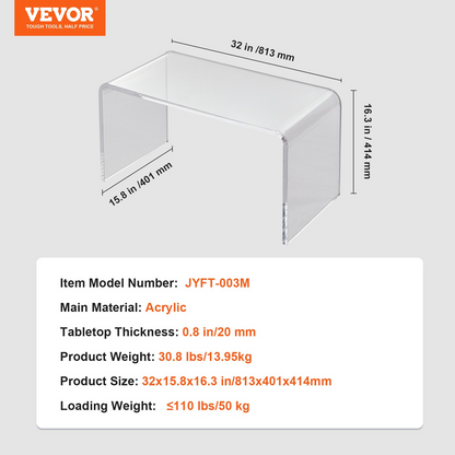 VEVOR Clear Acrylic C-Shaped Coffee Table - 16.3" Transparent Side Table