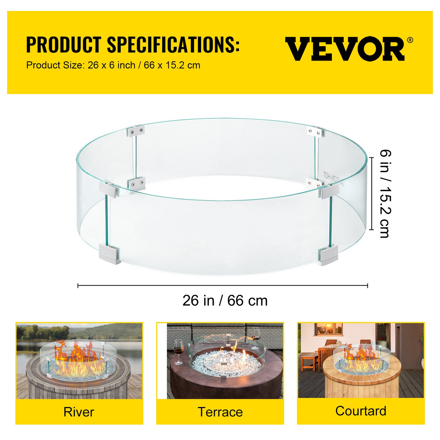 VEVOR Fire Pit Wind Guard, 26 x 26 x 6 Inch Glass Flame Guard