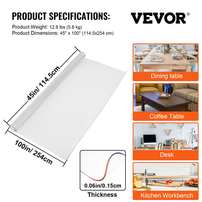 VEVOR 100 x 45 Inch Clear Table Cover Protector, 1.5mm Thick Clear Desk Protector Table Pads, Plastic Tablecloth Table Protector for Dining Room Table