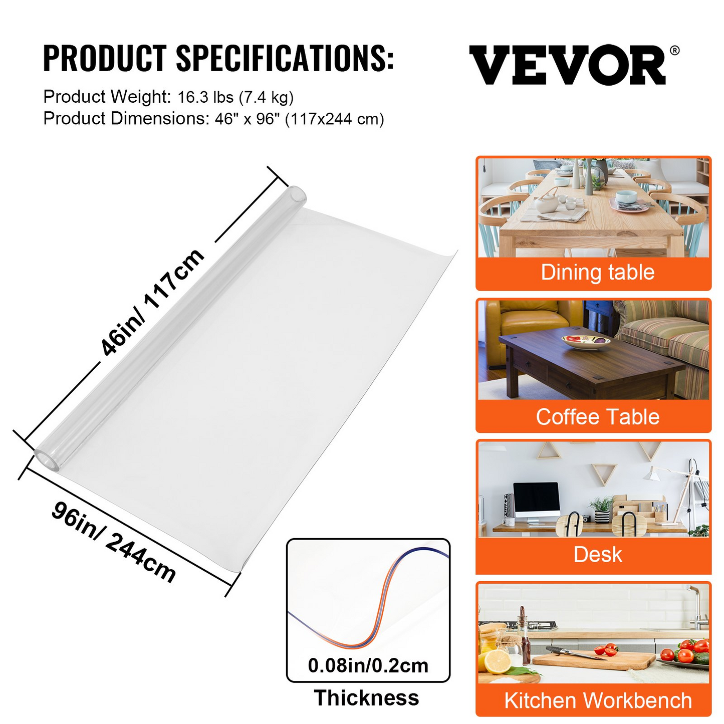 VEVOR 96 x 46 Inch Clear Table Cover Protector, 2mm Thick Clear Desk Protector Table Pads, Plastic Tablecloth Table Protector for Dining Room Table