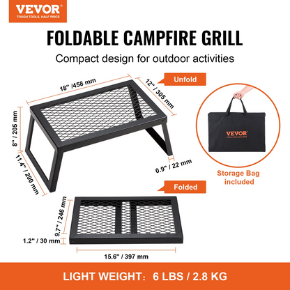 VEVOR Folding Campfire Grill | Heavy Duty Steel Mesh Grate | 18" Portable Camping Grates Over Fire Pit