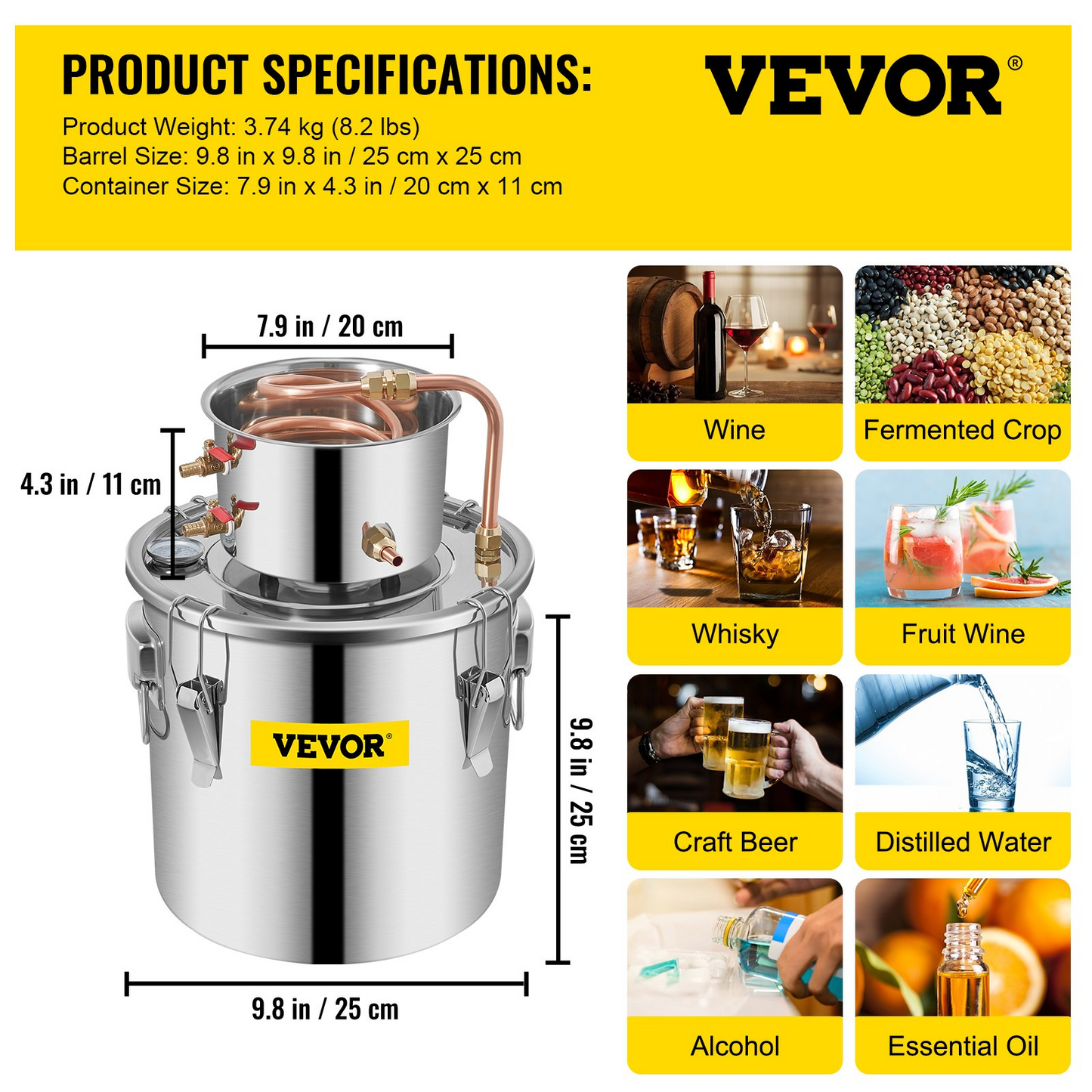 VEVOR 12L Water Alcohol Distiller 3GAL Copper Wine Making Boiler Multi Home DIY Brewing Distilling Kit for Fruit Wine, Water, Brandy, And Refining Plant Extracts