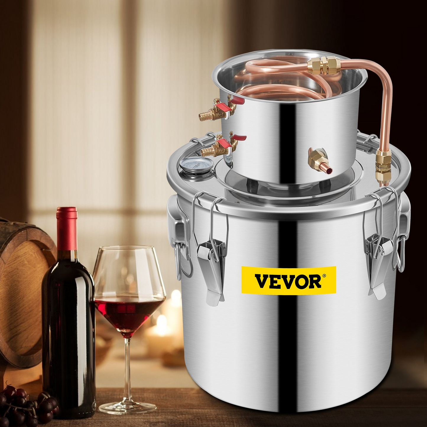 VEVOR 12L Water Alcohol Distiller 3GAL Copper Wine Making Boiler Multi Home DIY Brewing Distilling Kit for Fruit Wine, Water, Brandy, And Refining Plant Extracts