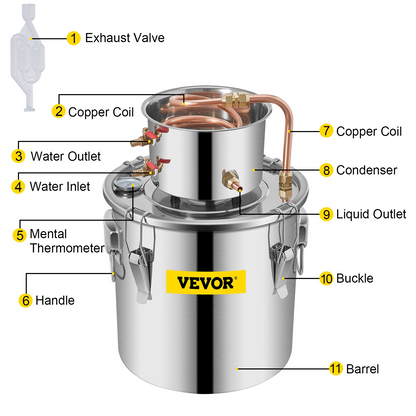 VEVOR 12L Water Alcohol Distiller 3GAL Copper Wine Making Boiler Multi Home DIY Brewing Distilling Kit for Fruit Wine, Water, Brandy, And Refining Plant Extracts