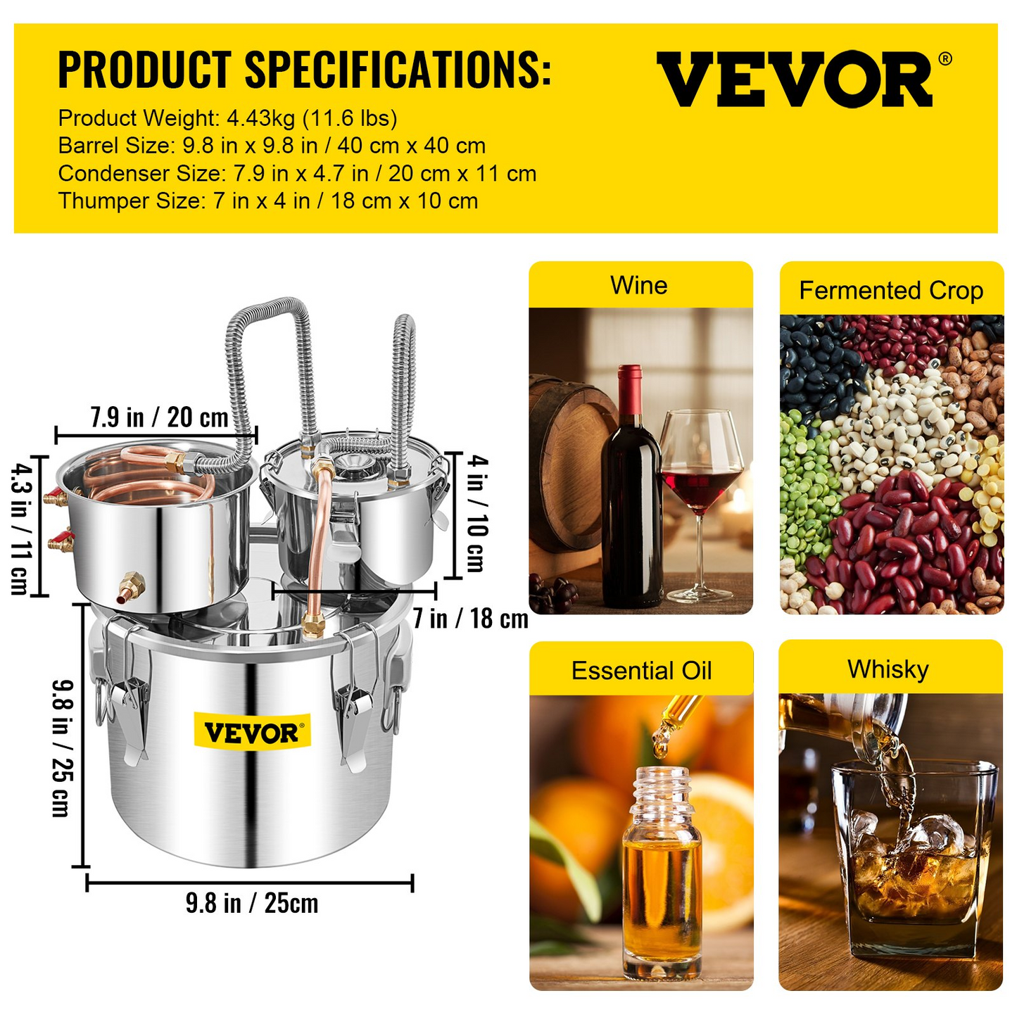 VEVOR Alcohol Still, 3 Gallon, Stainless Steel Alcohol Distiller with Copper Tube & Build-in Thermometer & Water Pump, Double Thumper Keg Home Brewing Kit, for DIY Whiskey Wine Brandy