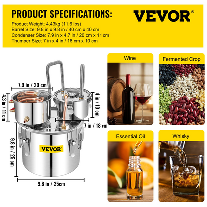 VEVOR Alcohol Still, 3 Gallon, Stainless Steel Alcohol Distiller with Copper Tube & Build-in Thermometer & Water Pump, Double Thumper Keg Home Brewing Kit, for DIY Whiskey Wine Brandy