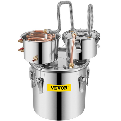 VEVOR Alcohol Still, 3 Gallon, Stainless Steel Alcohol Distiller with Copper Tube & Build-in Thermometer & Water Pump, Double Thumper Keg Home Brewing Kit, for DIY Whiskey Wine Brandy