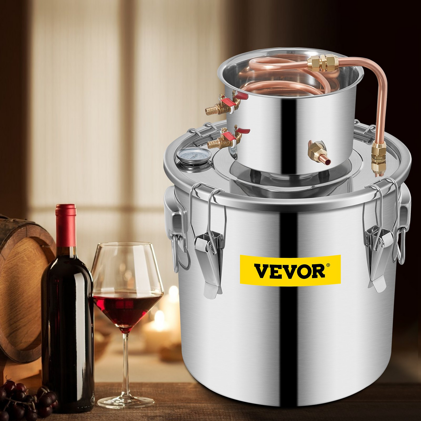 VEVOR Alcohol Still 8Gal 30L Stainless Steel Water Alcohol Distiller Copper Tube Home Brewing Kit Build-in Thermometer for DIY Whisky Wine Brandy