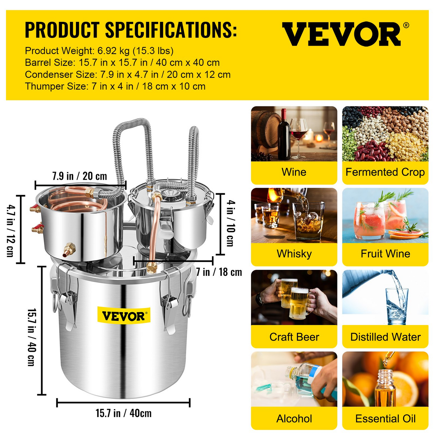 VEVOR Alcohol Still, 13.2Gal / 50L Stainless Steel Water Alcohol Distiller Copper Tube Home Brewing Kit Build-in Thermometer for DIY Whisky Wine Brandy, Silver