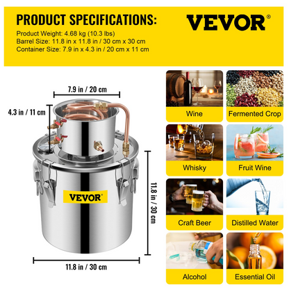 VEVOR Alcohol Still 5 Gal 21L Stainless Steel Water Alcohol Distiller Copper Tube Home Brewing Kit Build-in Thermometer for DIY Whisky Wine Brandy